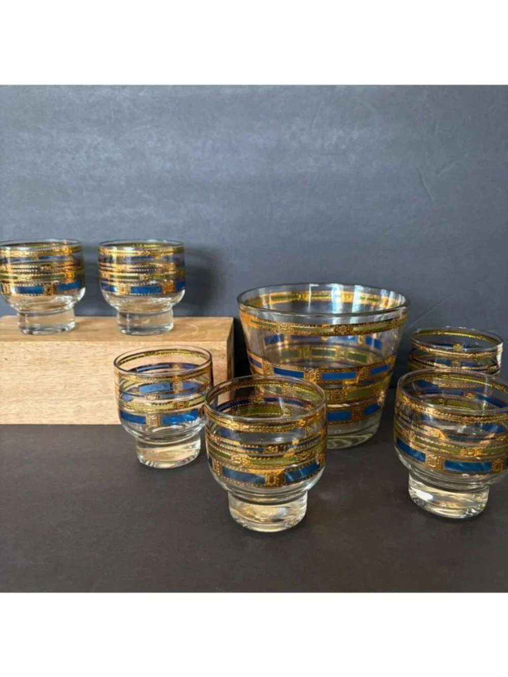 MCM Culver Empress 6-Piece Footed Whiskey & Ice Bucket Set 22kt Gold Blue Green